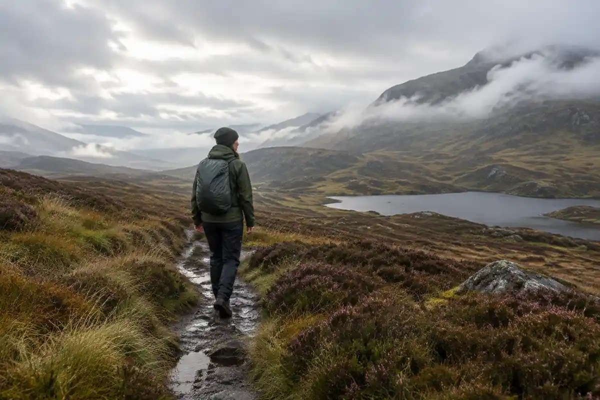 Grassy moorland trail with a hiker in a soft pack under moving clouds