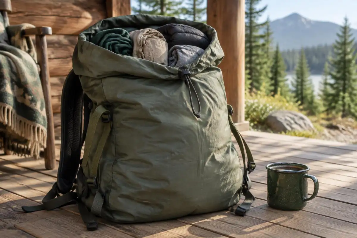 Soft frameless pack bulging with rolled clothes on a cabin porch step