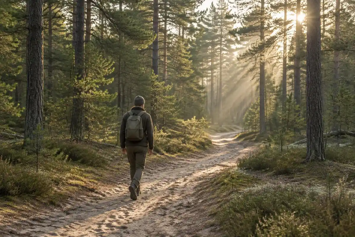 Empty spare pine forest with one hiker carrying only a small pack
