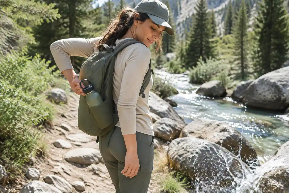 Woman taking a water bottle out of a simple side pocket while walking