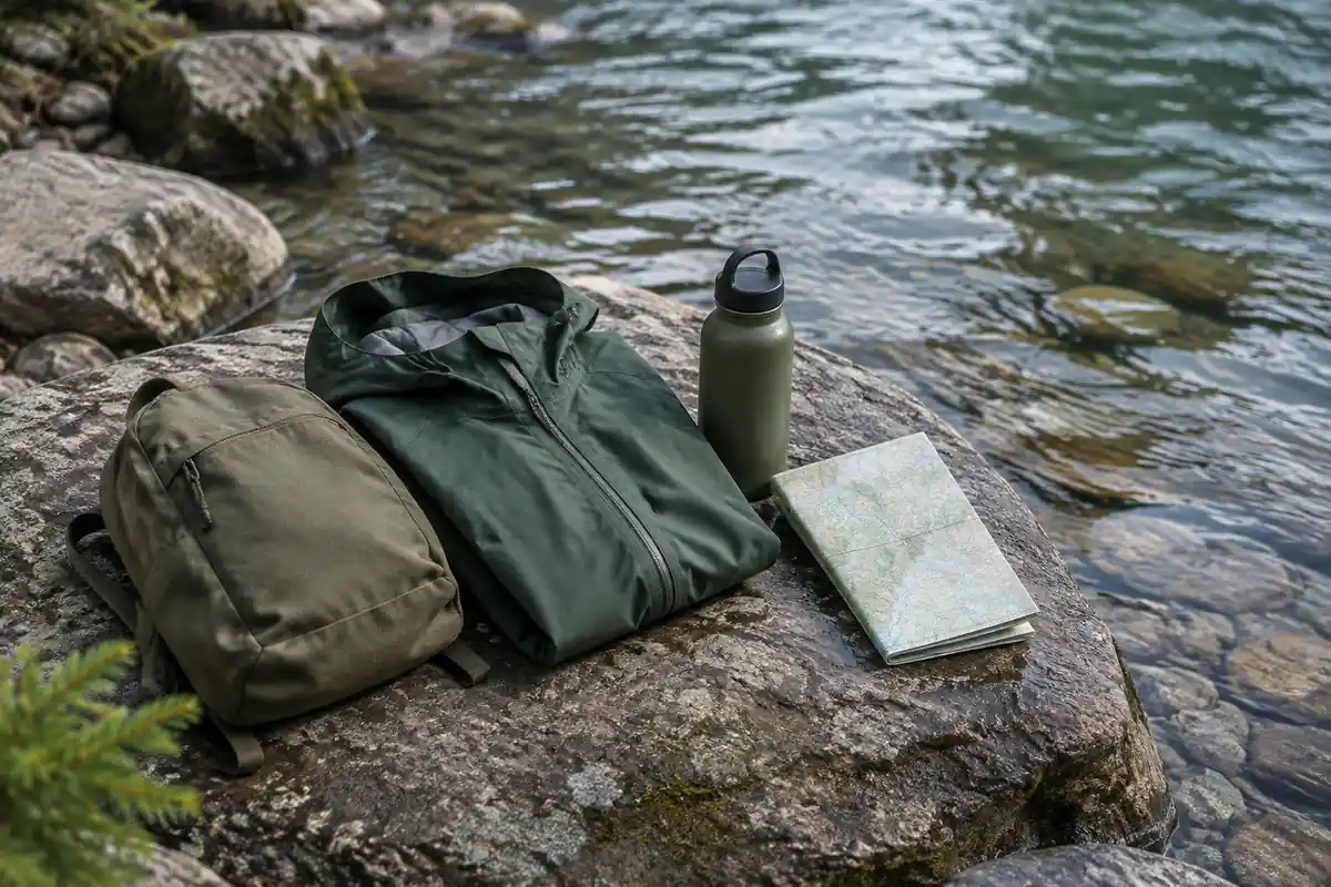 Neatly arranged few items on a rock next to a small pack