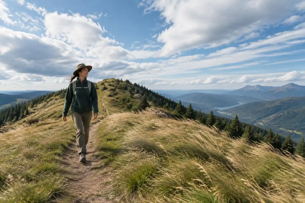Narrow ridge trail with a lightly loaded hiker in summer