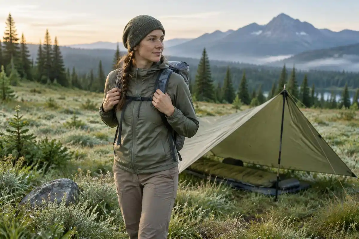 Hiker fitting a slim light pack to their back and pulling the straps