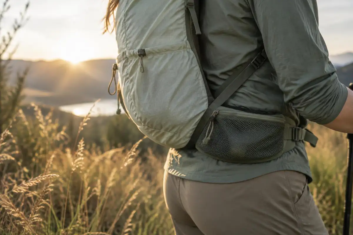 Translucent white lightweight fabric of a pack with sunlight through it