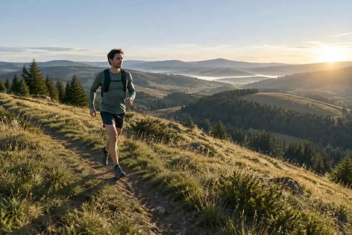 Backpacker with a tiny lightweight pack on a fast sunny ridge trail