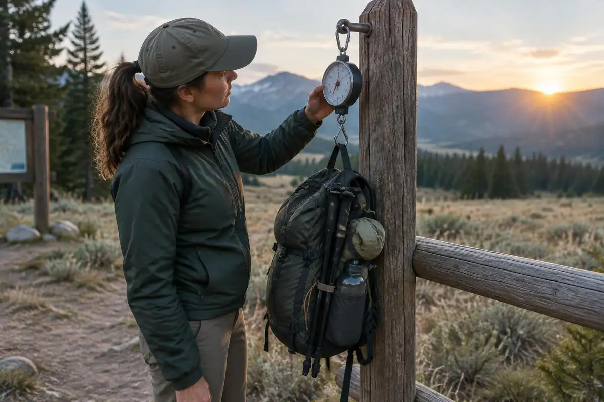 Hiker weighing a packed bag on a small hanging scale at a fence post