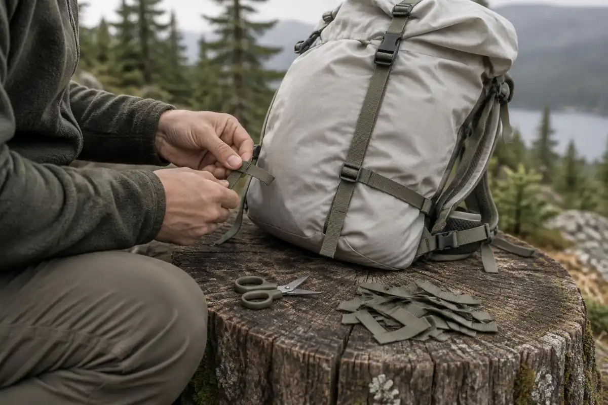 Trimmed straps and a small pile of cut-off webbing beside a light pack