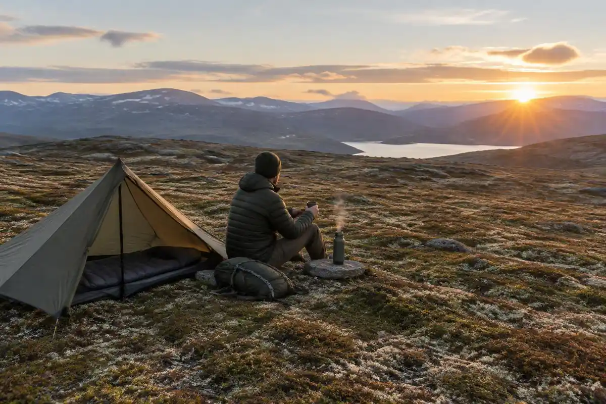 Sunrise plateau, a lone hiker with a very small pack and a light quilt