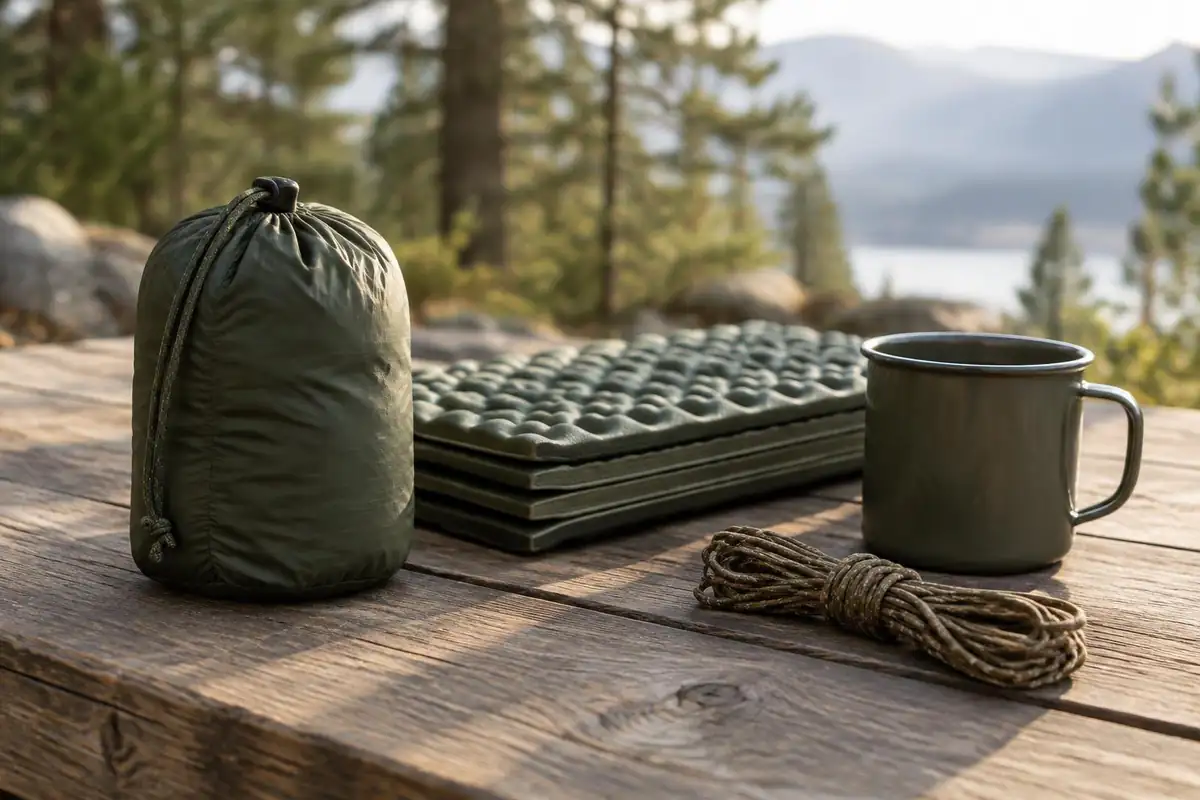 A stuff sack, a foam pad and a mug the whole kit on a table
