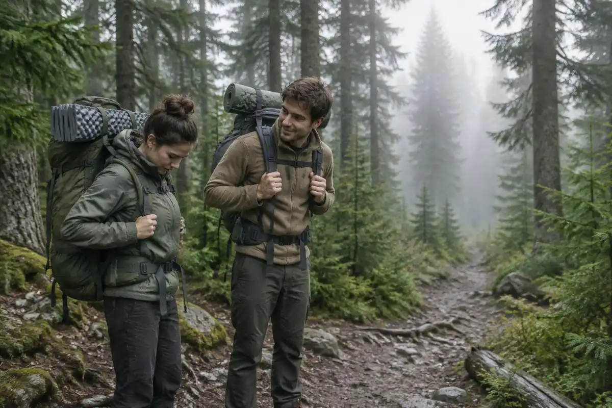 Beginner couple at a trailhead sign-free clearing with oversized loaded packs