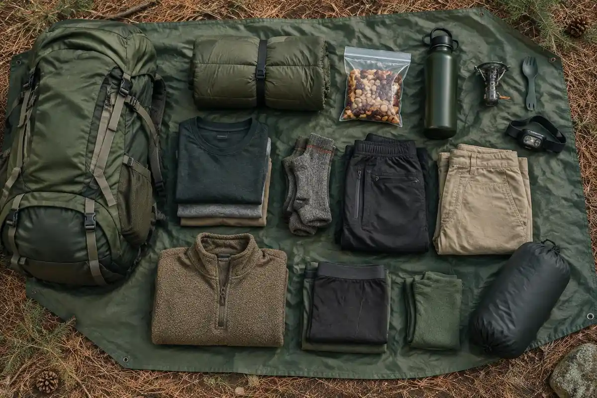 Overstuffed backpack on a bed of gear unpacked on a tarp