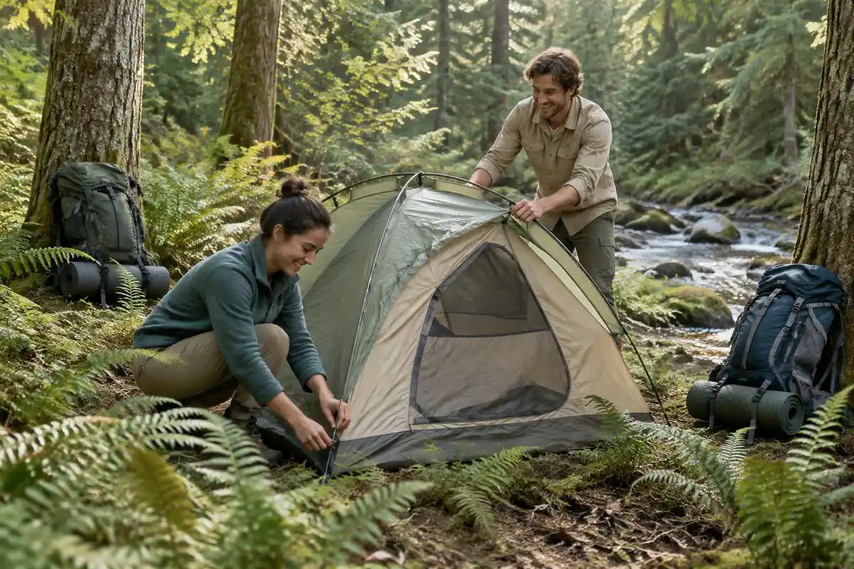 First-time backpackers at a small forest campsite near a creek