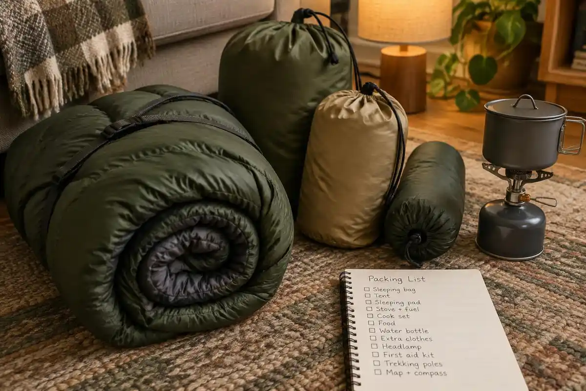 Notebook packing list beside a laid-out pile of gear