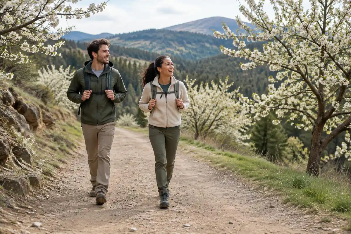 Friends on a first gentle hike on a wide dirt path in spring