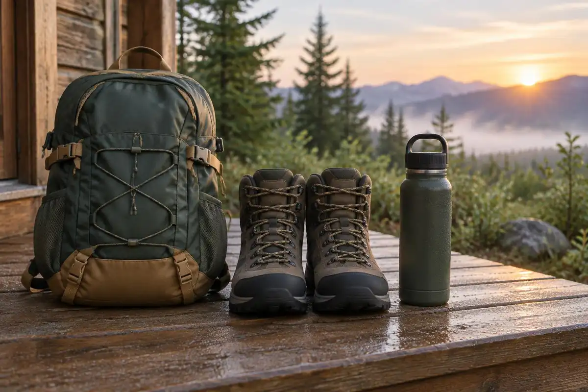 Brand-new small pack and boots on a doorstep before the first trip
