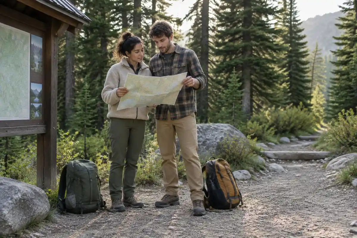 First-time hikers at a trailhead with borrowed packs and trail map