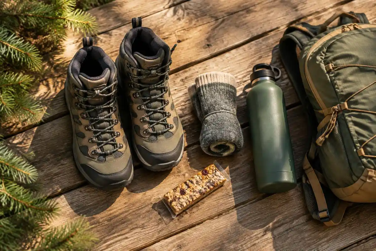 New beginner's boots, socks and snacks laid out for a first day hike