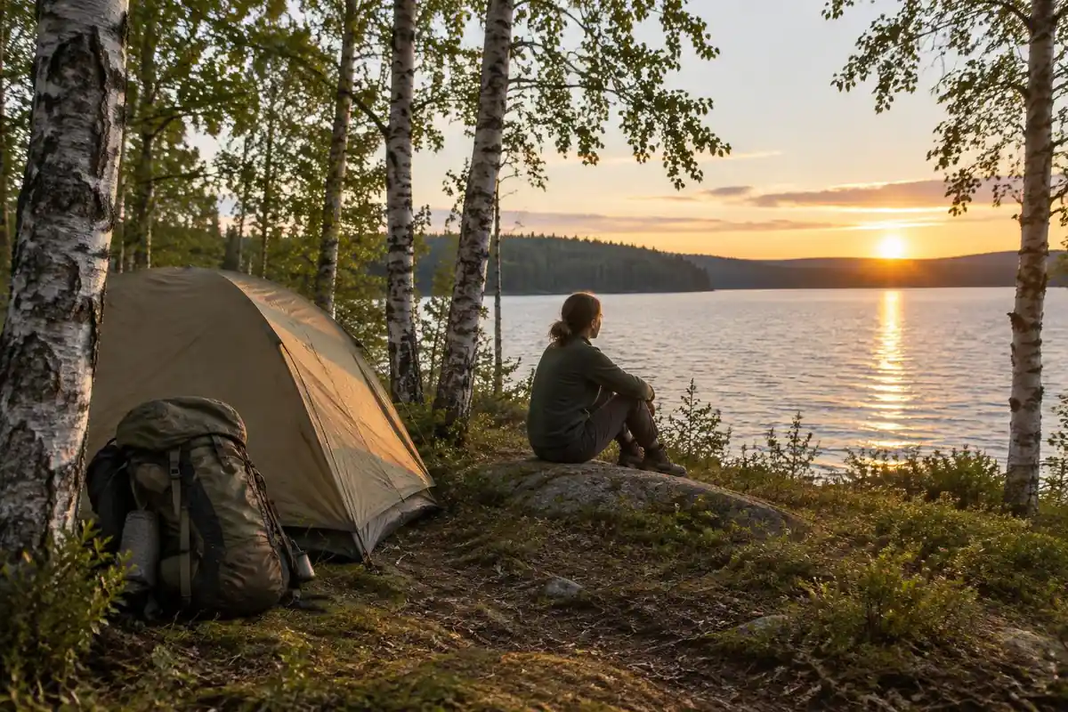 Campsite at a wooded lake with a well-used budget pack