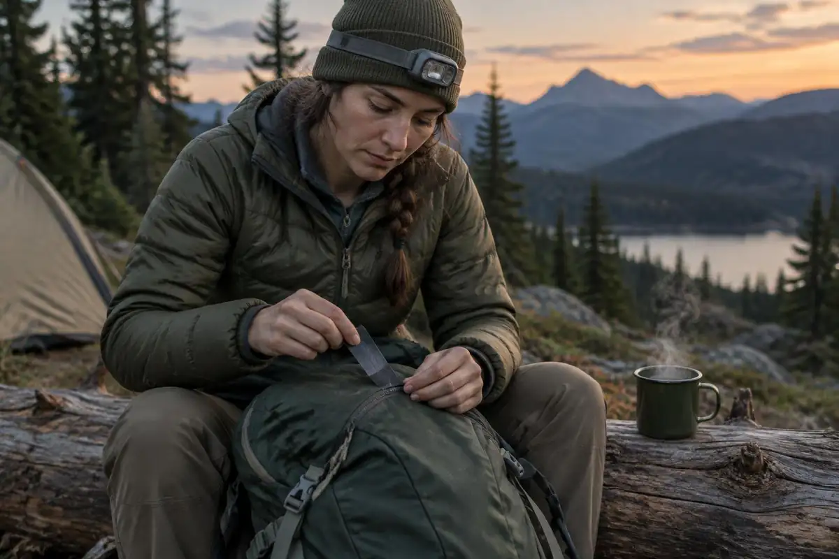 Hiker duct-taping a repair on a pack zipper at camp