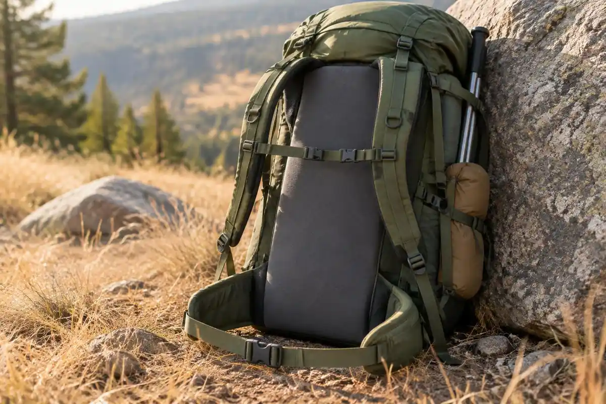 Simple foam back panel and thin hip belt on a loaded pack