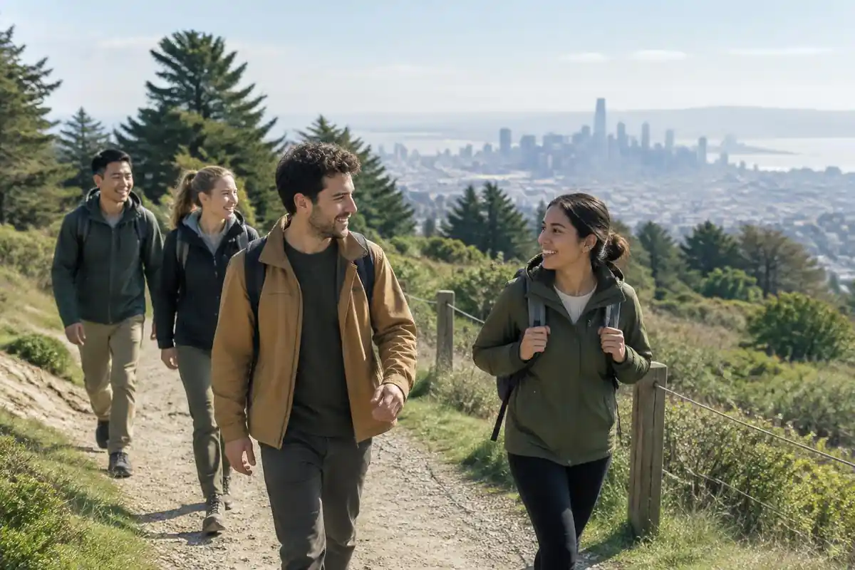 Friends on a public park hill loop with simple everyday packs