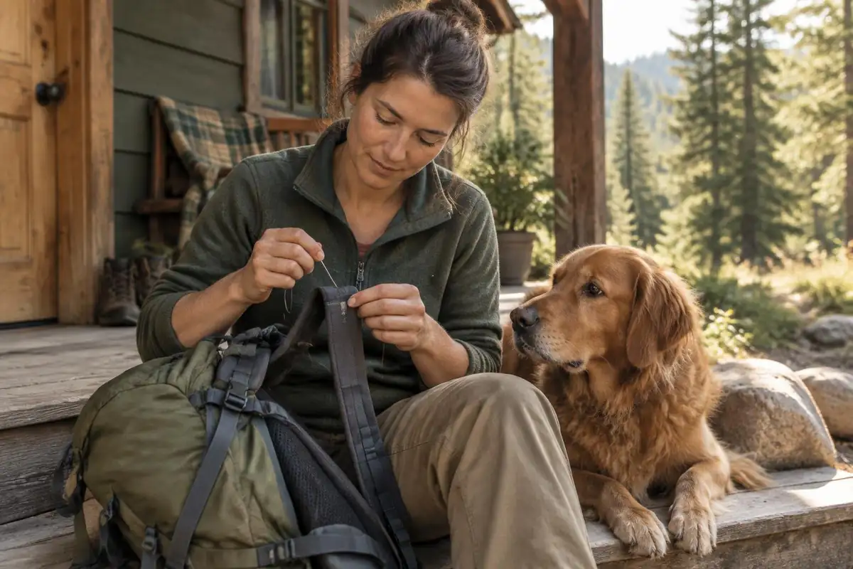 Hiker sewing a small tear in a pack strap on a porch