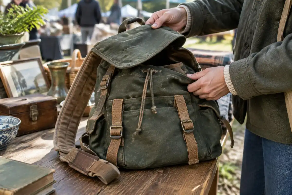 Secondhand pack laid out on a market table with worn straps