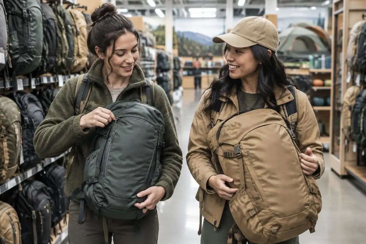 Shopper holding two packs side by side while a friend compares them