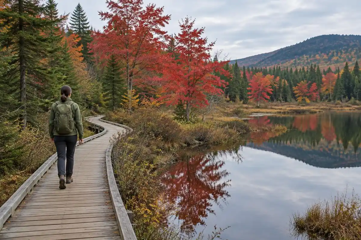 Autumn nature reserve with a simple day-pack hiker on a boardwalk