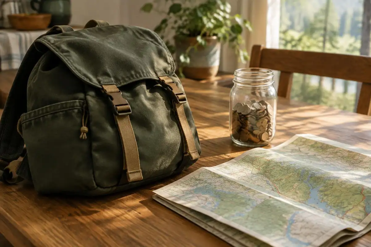 Coins and a receipt-free wallet beside a basic pack on a table