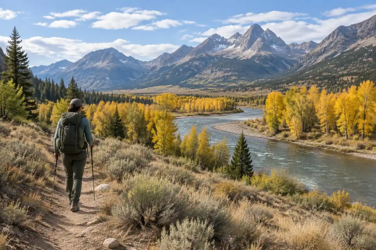 Broad river valley with a hiker carrying a mid-priced multi-day pack