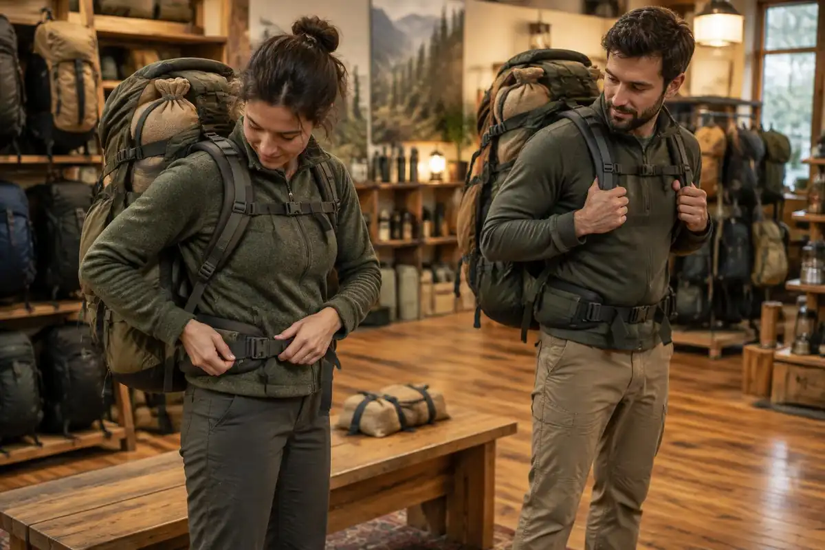 Couple comparing packs on a store bench with sample weights inside