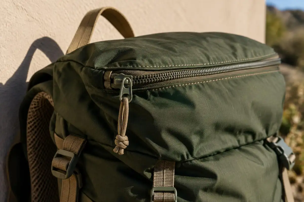 Zipper and stitching on a solid mid-priced pack under sunlight