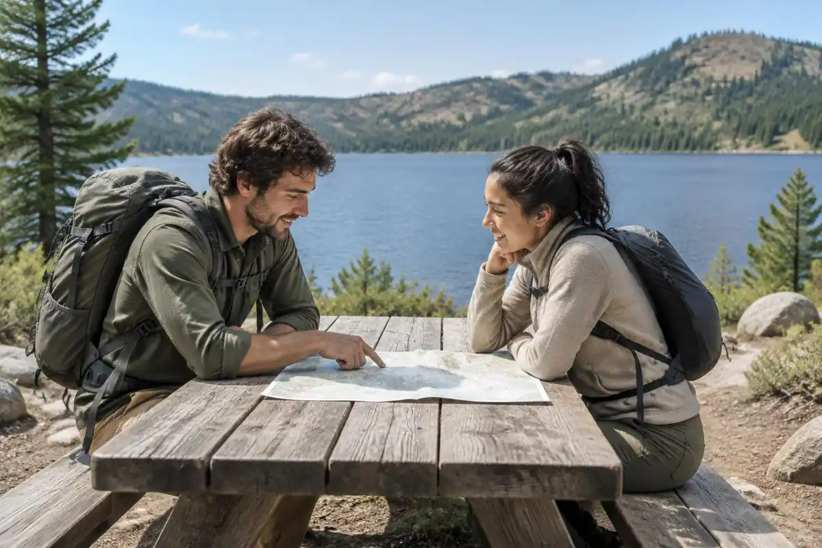 Two friends comparing packs at a lakeside picnic table