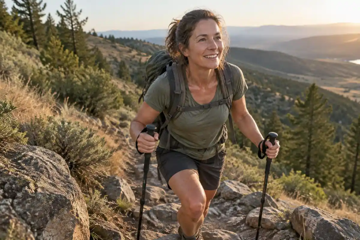 Hiker pushing through steep rocky trail with a simple well-worn pack