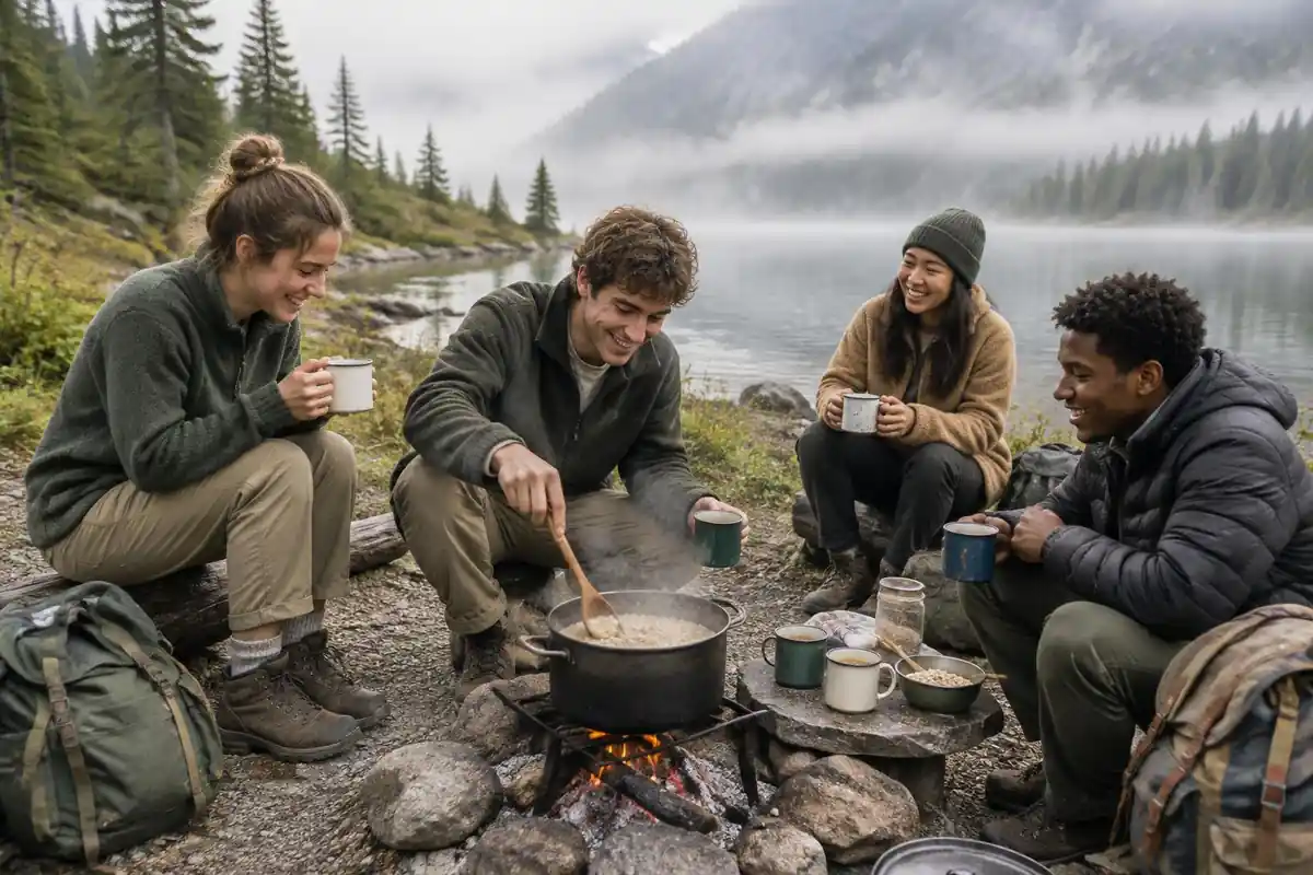 Friends on a budget camping trip beside a small gravel lake