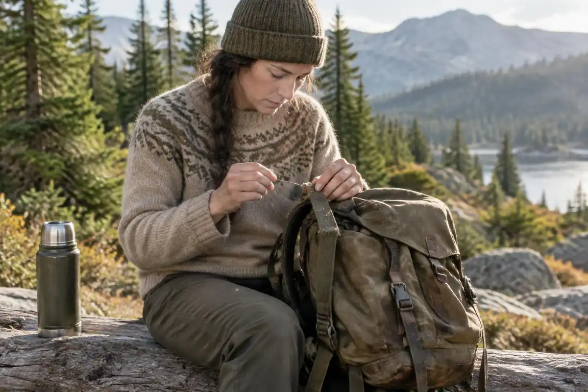Hiker patching a strap with a needle and thread on a log
