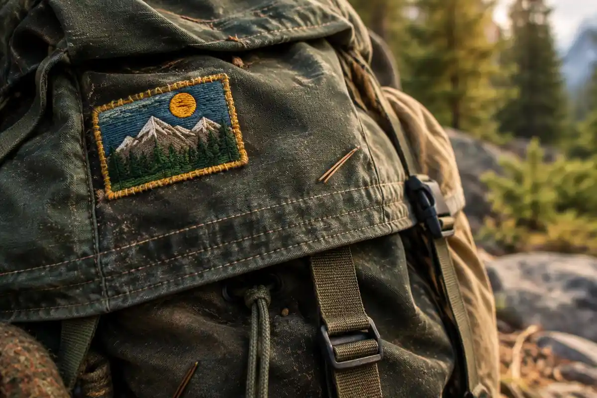 Worn but sturdy pack fabric with a colourful patch sewn on