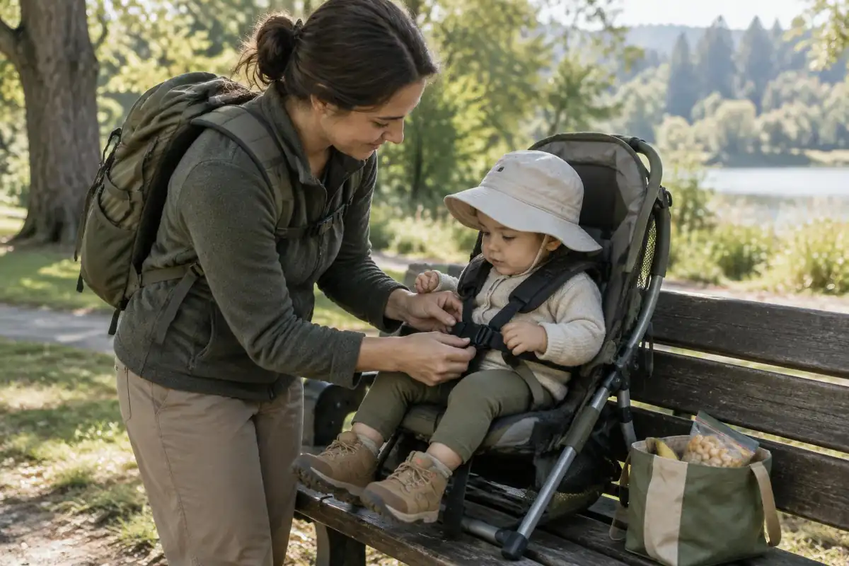 Parent settling a toddler into a carrier seat with a soft hat on