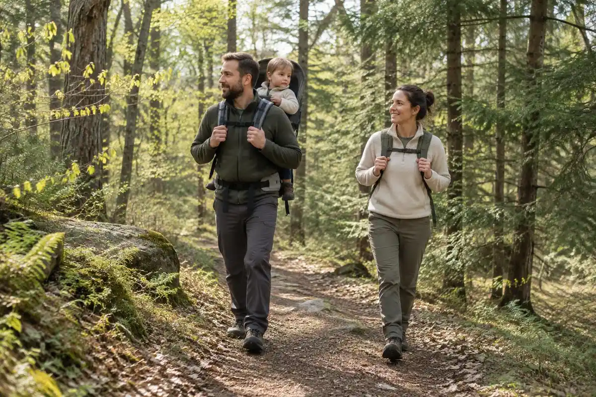 Short forest loop with a dad carrying a toddler and mum carrying a small pack