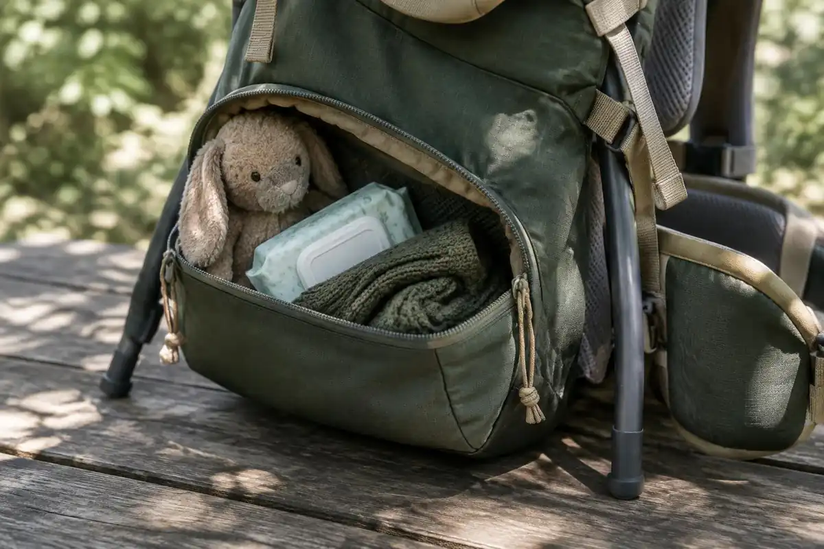 Baby bottle, wipes and a spare layer packed in a carrier pocket