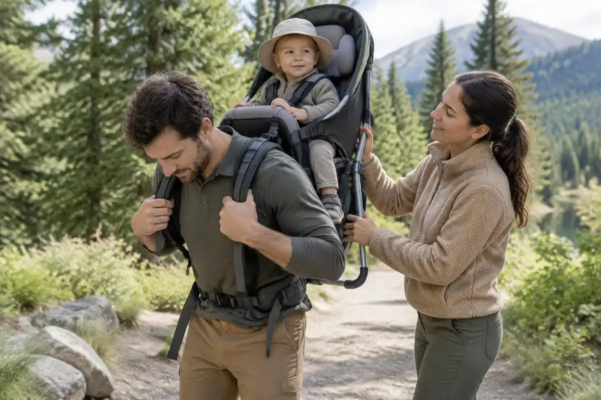 Parent lifting a child carrier onto their back with a partner steadying it