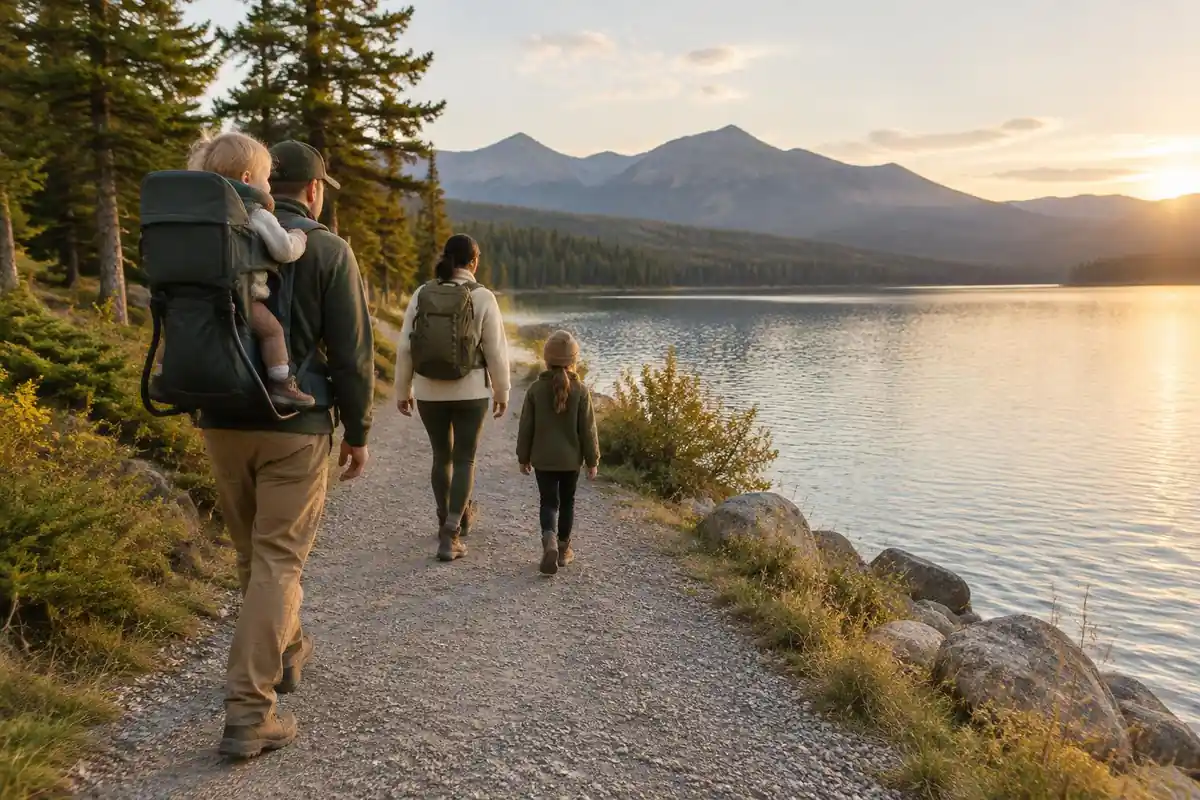 Family on a gentle lakeside path with a child carrier