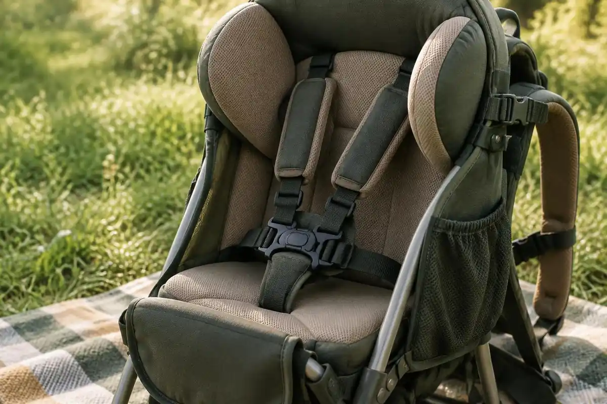 Buckled harness and padded head support inside a child seat
