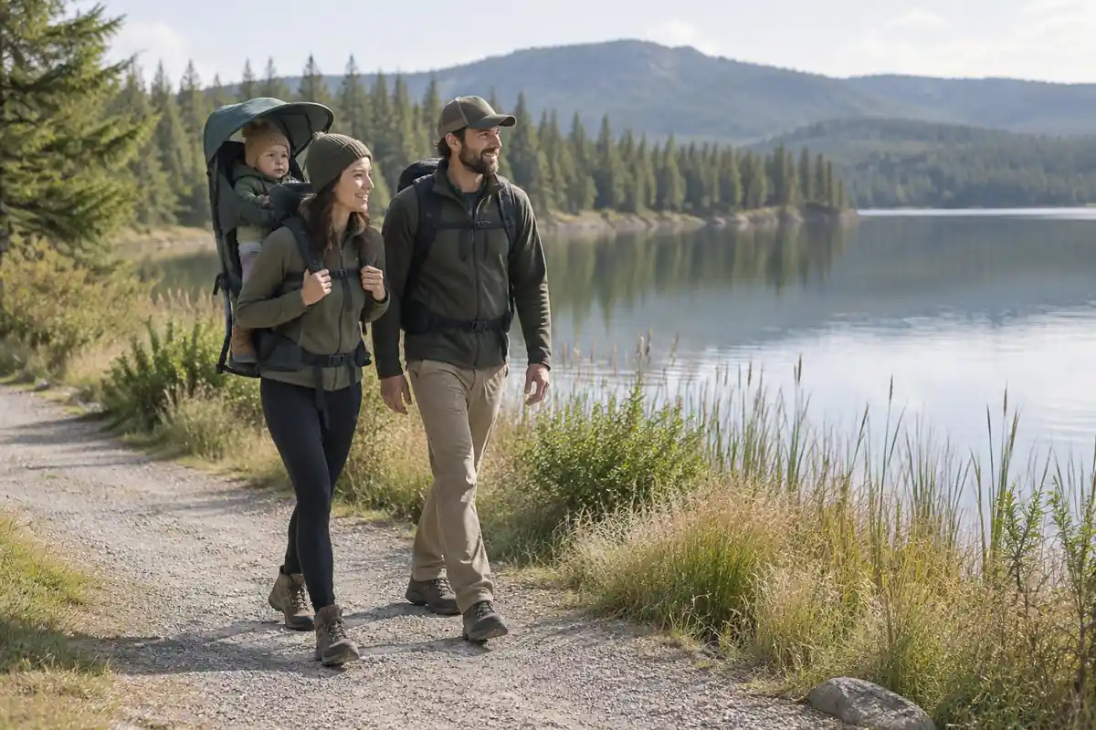 Parent with baby carrier pack walking a flat gravel lake path