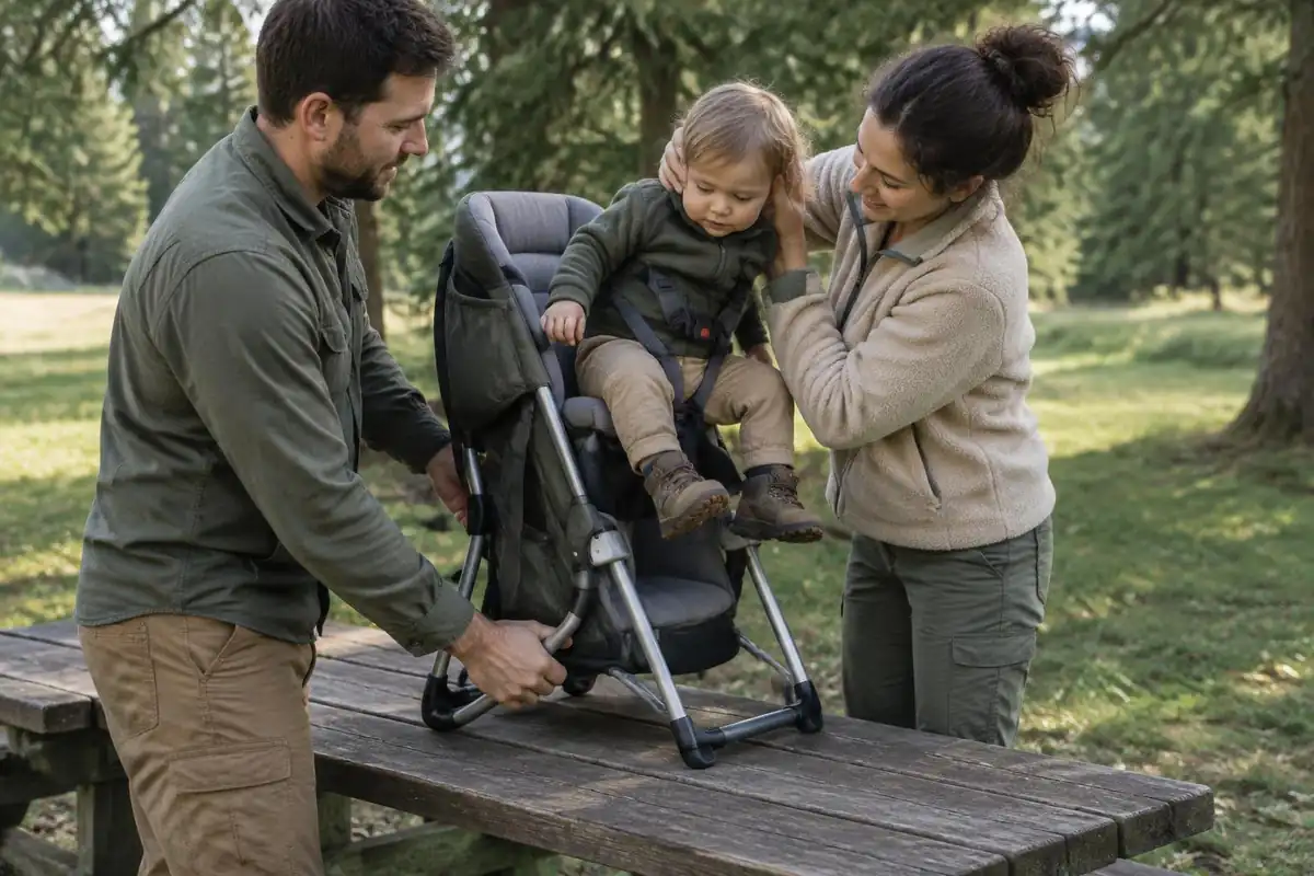 Two parents loading a child into a carrier with a spotter