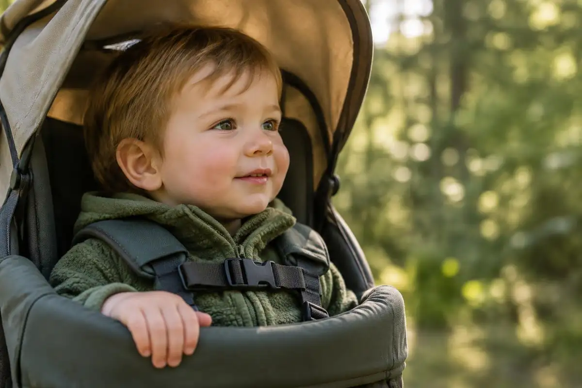 Toddler's small hands on a carrier hood strap with harness buckles