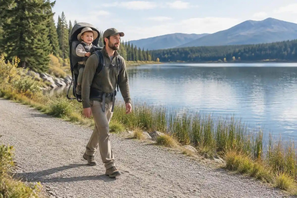 Parent walking a wide flat path with a toddler in a framed carrier