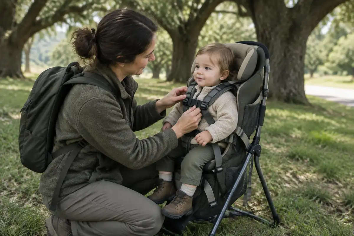 Parent buckling the harness of a child sitting upright in the carrier