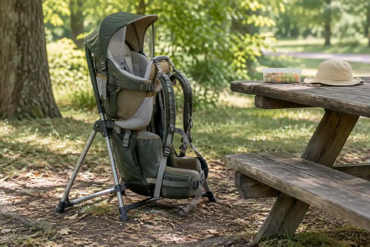 Carrier's kickstand and a stuffed animal on a picnic bench